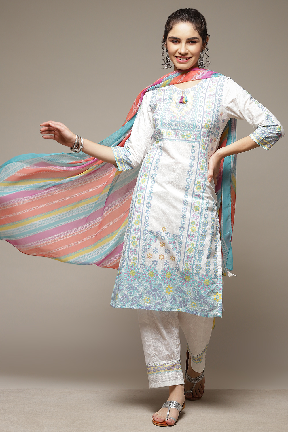 White Woven Straight Kurta Suit Set image number 0